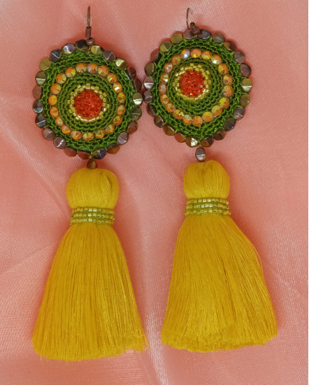 Háčkované  dizajnové náušnice "Ohnivá šou"